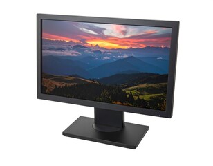 A modern desktop display shows a mountain landscape with a fiery sunset, set against a white background