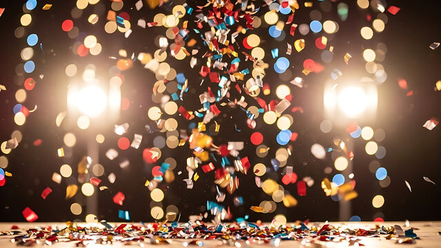 Colorful Confetti Falling Down In Front Of Blurry Bokeh Lights At A Celebration Party graphic