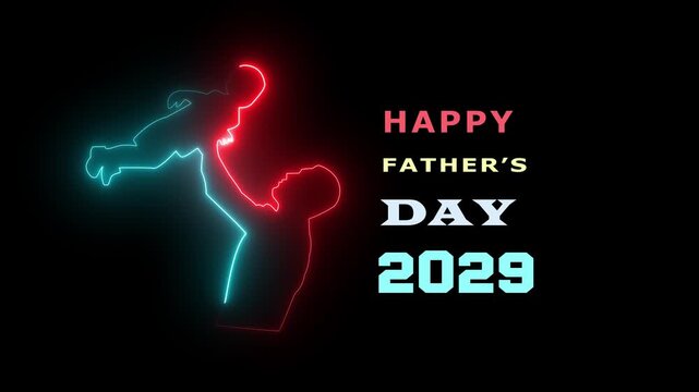 Happy Father's Day 2029: Father and Child Silhouette with Vibrant Neon Glow and Futuristic Digital Art Background