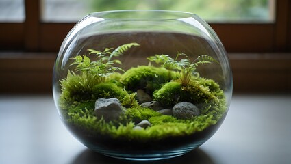 Obraz premium Miniature Terrarium with Ferns and Moss in Glass Bowl