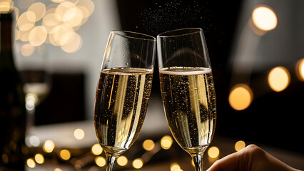 Two Champagne Glasses Clinking Together With Bubbles And Bokeh Lights toasting celebration