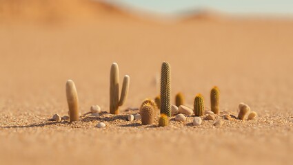 Obraz premium Small Cacti in Desert Sand with Rocks and Stones