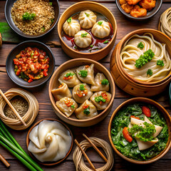 Assortment of diverse Chinese dumplings. noodles. and other dishes presented in wooden containers on a dark wooden surface. A variety of Asian inspired foods. prepared and ready to be served.