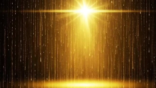 Golden rain falling from the sky with a bright light shining down