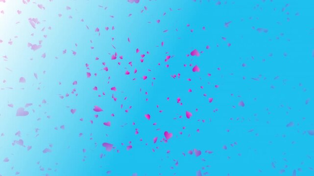 Pink heart shapes being lit up and falling down on light blue gradient background. Abstract background for Happy Valentine's day and wedding ceremony.