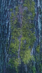 Obraz premium Vertical Tree Trunk Texture Covered with Green Moss and Lichen