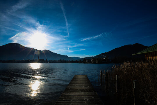 view to rottach egern on lake tegernsee, blue sky