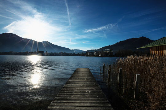 view to rottach egern on lake tegernsee, blue sky
