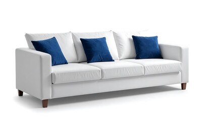 Modern White Sofa with Blue Accent Pillows.