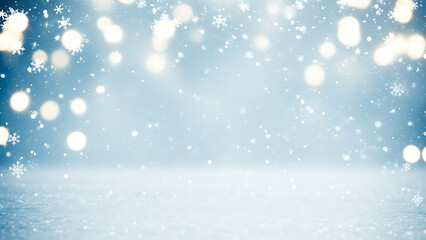 Fototapeta premium Soft Blue Winter Scene with Falling Snowflakes and Bokeh Lights graphic design