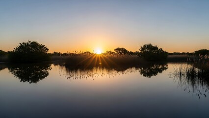Fototapeta premium Tranquil sunrise over a serene lake reflecting the golden sun with silhouetted trees and reeds