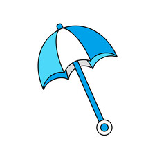 A blue and white umbrella with a white handle
