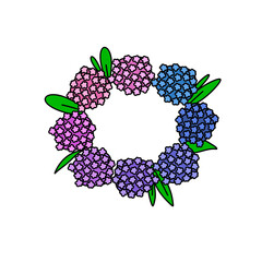 A flower wreath with purple and blue flowers