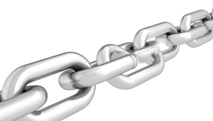 Close-up of a strong metal chain link on a white background.