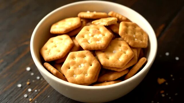 Bowl of Hexagonal Crackers on a Dark Wooden Table.