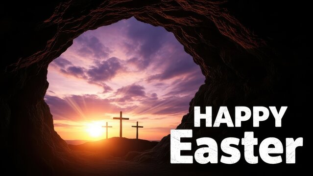 Happy easter message with three crosses silhouetted against a dramatic sunset from inside a cave