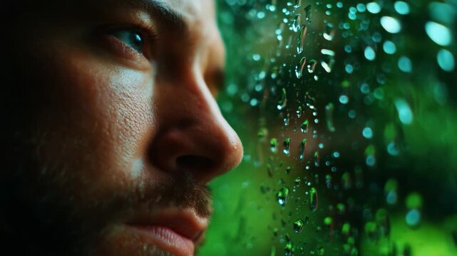 A contemplative gaze through raindrops on glass, capturing a moment of reflection and introspection as the world outside blurs, highlighting the emotions evoked by a rainy day and inner thoughts.