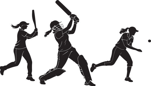 Female cricket players illustration with various actions and poses