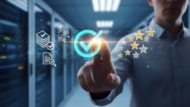 Businessman interacting with digital interface in modern server room - Powered by Adobe