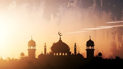 Mosque silhouette at sunset with crescent moon