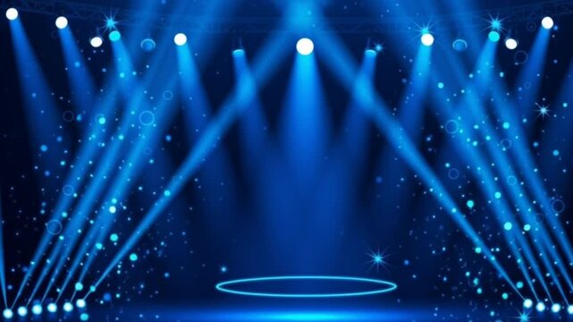 A dramatic blue stage setup with spotlights shining down on a circular platform amidst a dark environment viewed from the front