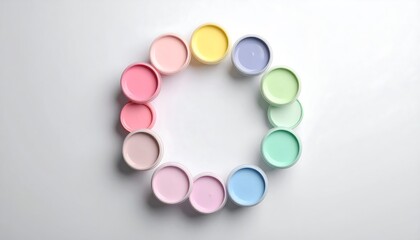 A Circle of Pastel Paint Pots Arranged Artistically.