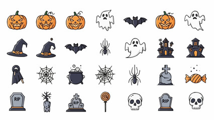 Obraz premium Halloween icons set with pumpkins ghosts bats spiders and skeletons on white background