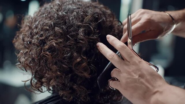 Medium shot showcasing a stylist using scissors and comb to shape curly hair enhancing natural curls with gentle styling