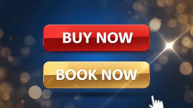 Glossy 'Buy Now' & 'Book Now' buttons with cursor on blurred bokeh background