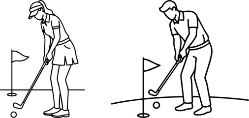 Woman and Man Playing Golf Icon in Outline Style