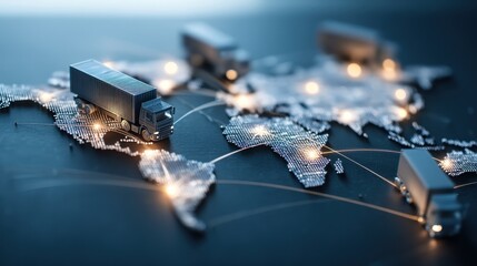 Trucks on world map illustrating global logistics