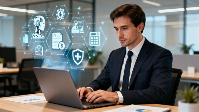Businessman working on laptop with digital icons - Powered by Adobe