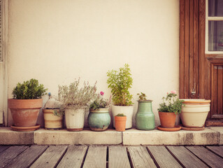 Fototapeta premium Pots filled with various plants arranged on wooden terrace, creating charming and inviting home exterior