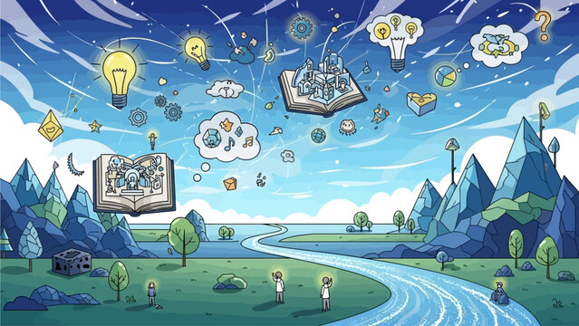 Innovative ideas floating above a serene landscape with a winding road and distant mountains from a high vantage point