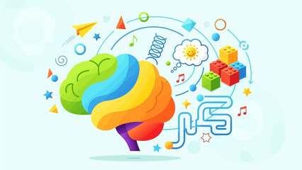 Fototapeta premium Vibrant brain illustration surrounded by creative symbols and icons in a dynamic and imaginative environment from a straightforward viewpoint