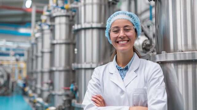 Smiling Expert: A confident and knowledgeable expert stands in a cutting-edge industrial environment, demonstrating mastery and a dedicated approach.
