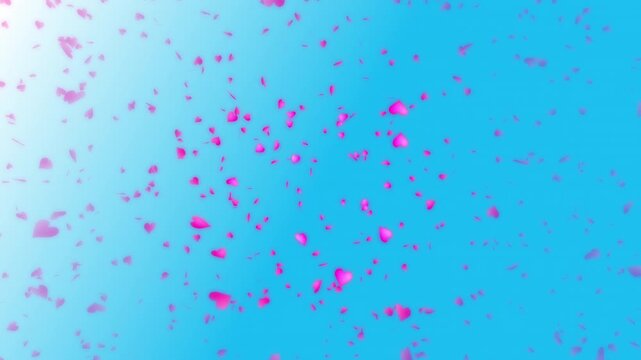 Pink heart shapes being lit up and falling down on light blue gradient background. Abstract background for Happy Valentine's day and wedding ceremony.