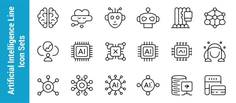Artificial intelligence line icon set featuring brain symbols robot faces processor chips and network diagrams