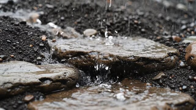 Rainwater Falling on Wet Stones and Soil.