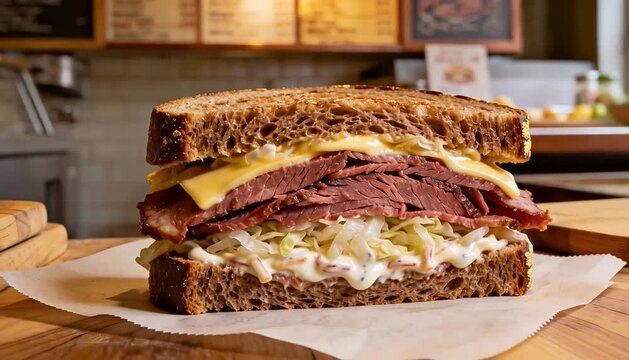 Juicy corned beef sandwich with coleslaw and cheese on rye bread, deli sandwich, deli food, lunch meal.