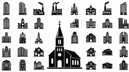 Naklejka premium Black and white cityscape icons with church and buildings