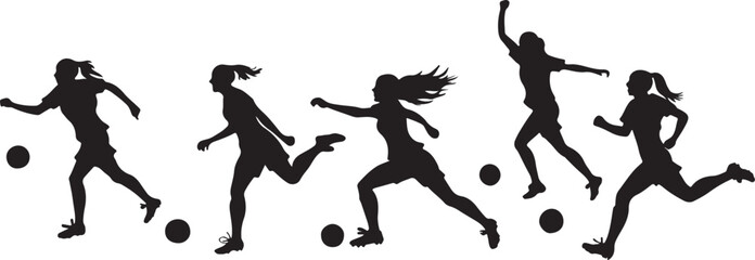 Set of female football players silhouette illustration girls playing soccer vector design