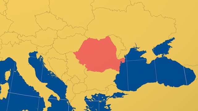 Romania on Globe. Animated zoom into the country in Ocean Blue Golden Yellow color palette. Romania logo animation. Map with meridians, parallels. Authentic video.