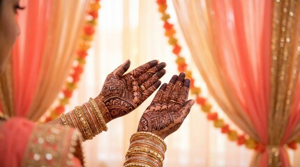 Indian bride hands with mehndi and bangles at traditional ceremony
