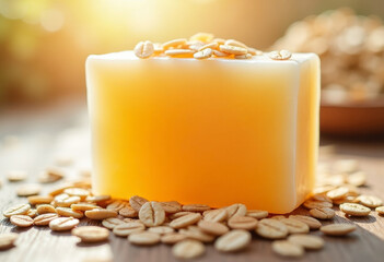 Soap with honey and oats, warm light, organic skincare concept