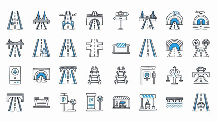 Fototapeta premium Collection of thirty simple line icons representing various architectural structures