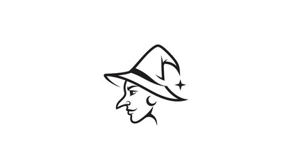 Monochrome drawing of a witch with a pointy hat.