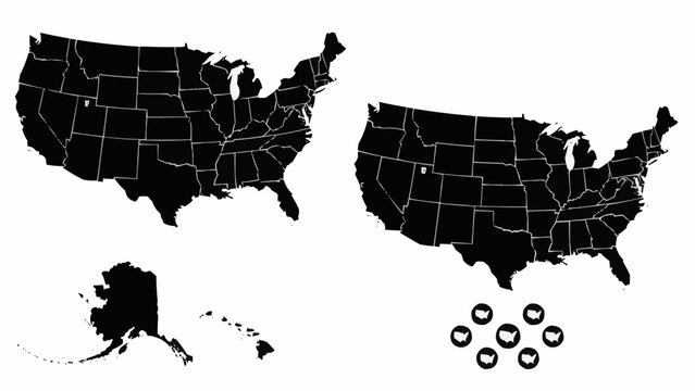 Black outlined maps of usa states on white background with alaska and hawaii