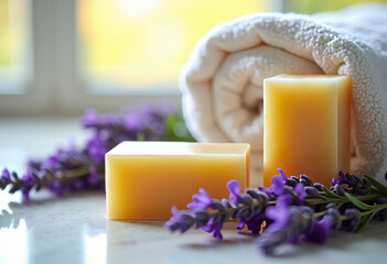 Soap bars with lavender and towel, bathroom spa concept, soft light