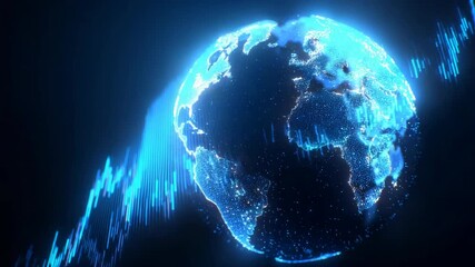Digital glowing Earth with data bars and global network visualization on dark background. - Powered by Adobe